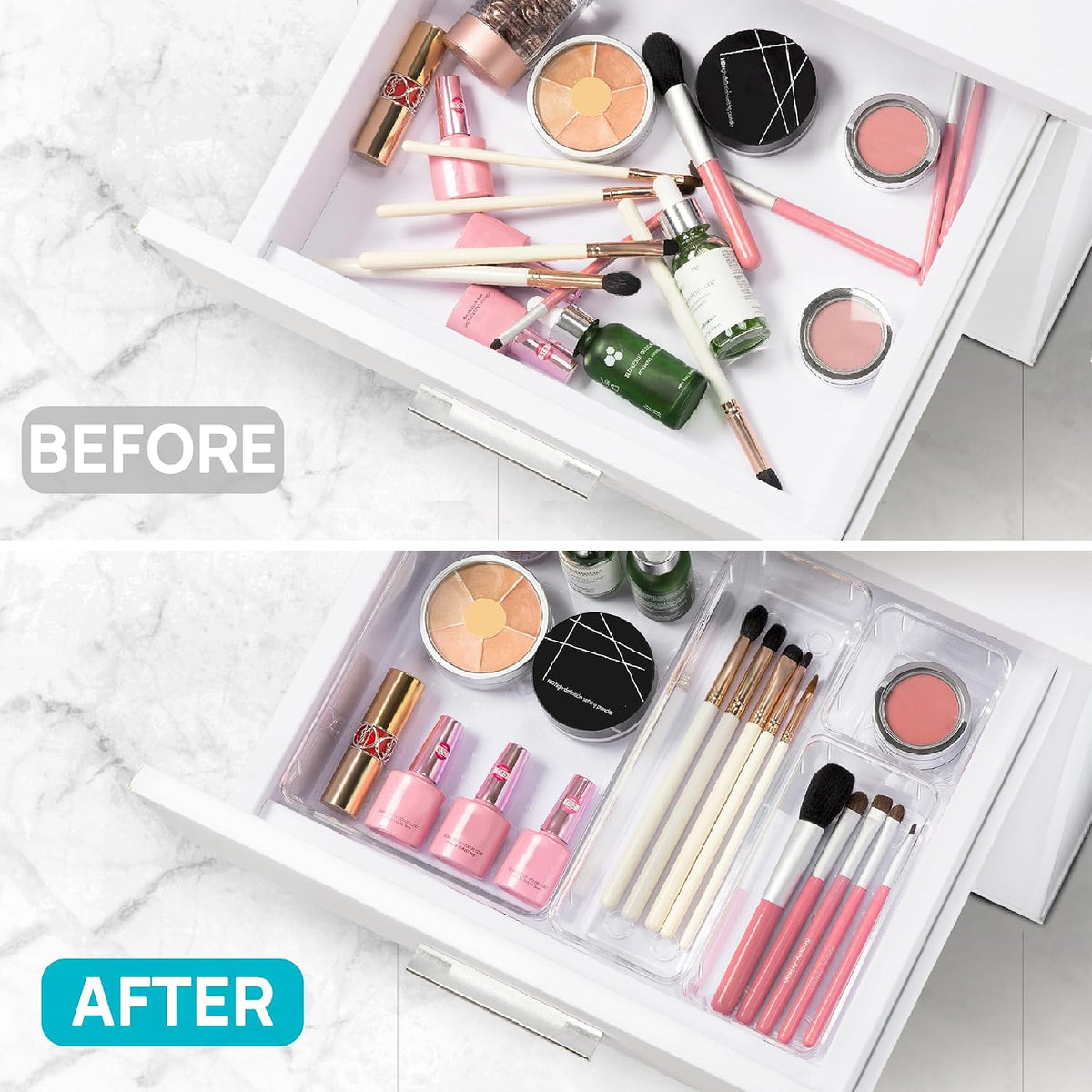 Vtopmart 72 PCS Clear Plastic Drawer Organizers Set, 4-Size Versatile Bathroom and Vanity Organizer Trays, Non-Slip Storage Containers for Makeup, Jewelries, Bedroom，Kitchen Utensils and Office