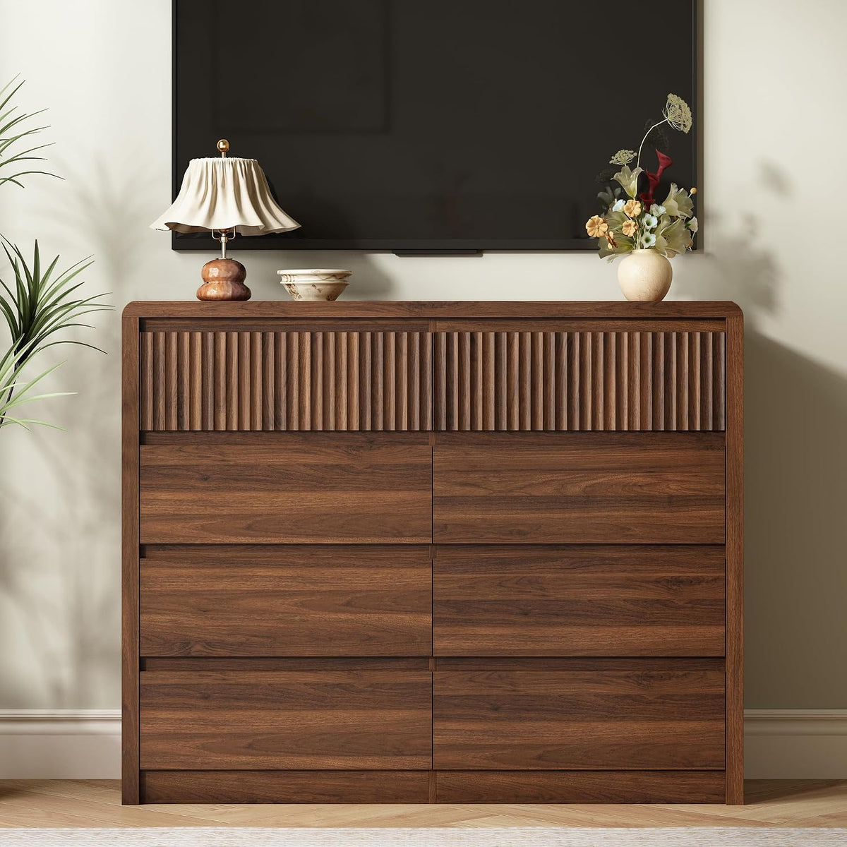 LYNSOM Walnut Fluted 8 Drawer Dresser, 50" Wide Wooden Chest of Drawers for Bedroom, Curved Profile Design, Mid Century Modern Dresser Storage Organizer Closet for Living Room, Hallway, Entryway