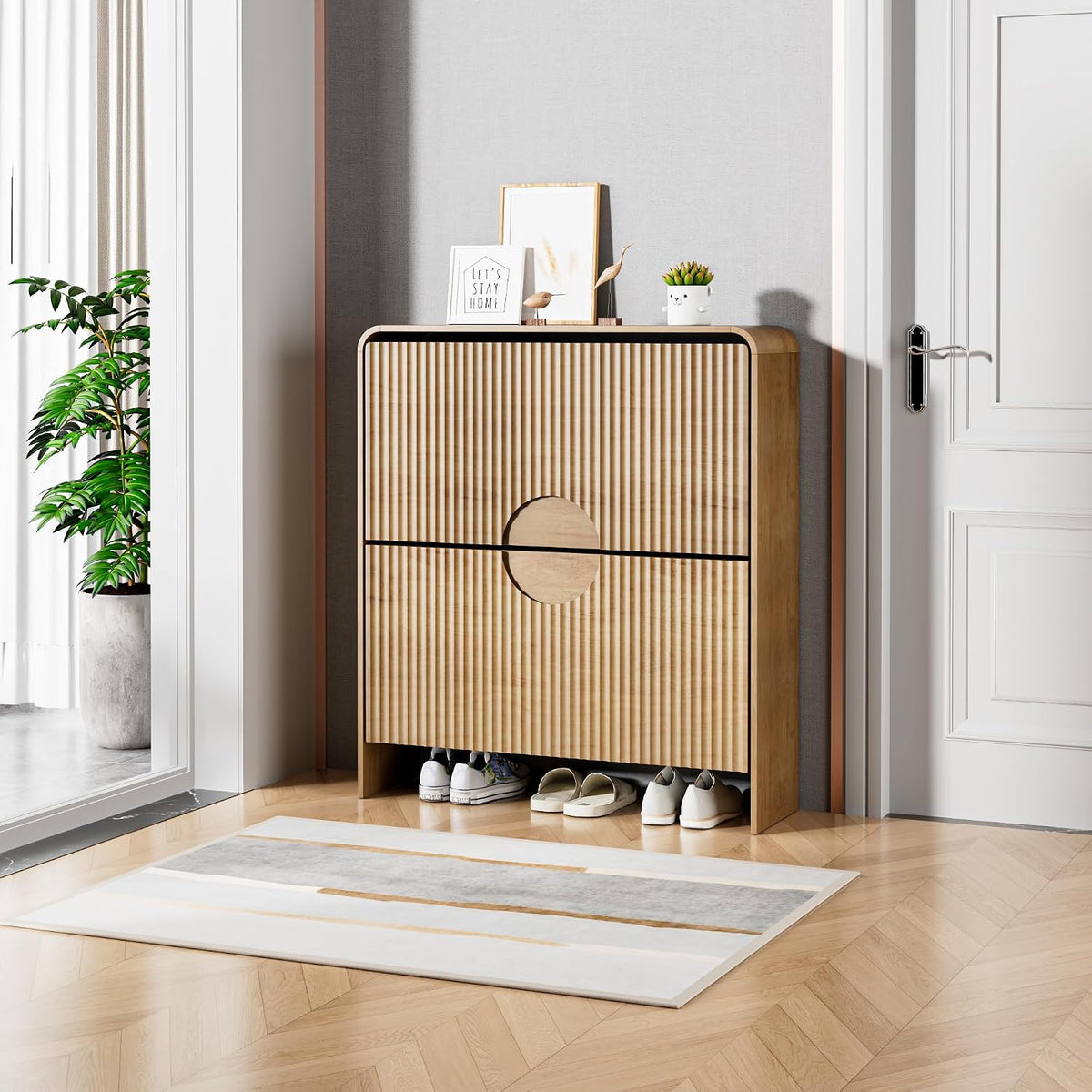 Narrow Shoe Cabinet for Entryway, Fluted Entry Way Shoe Storage Cabinet with 2 Flip Drawers Doors, Slim Hidden Shoe Rack Organizer for Entrance, Foyer, Hallway, Wood, 2 Tier