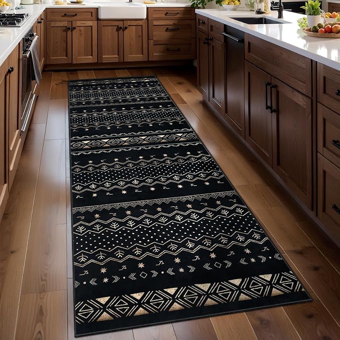 SERISSA 2x6 Kitchen Runner Rug, Washable Non-Slip Black Gold Grad Boho Rug