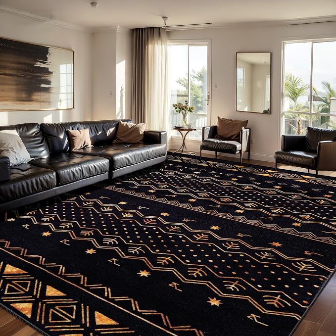SERISSA 8x10 Area Rugs for Living Room, Washable Non-Slip Black and Gold Boho