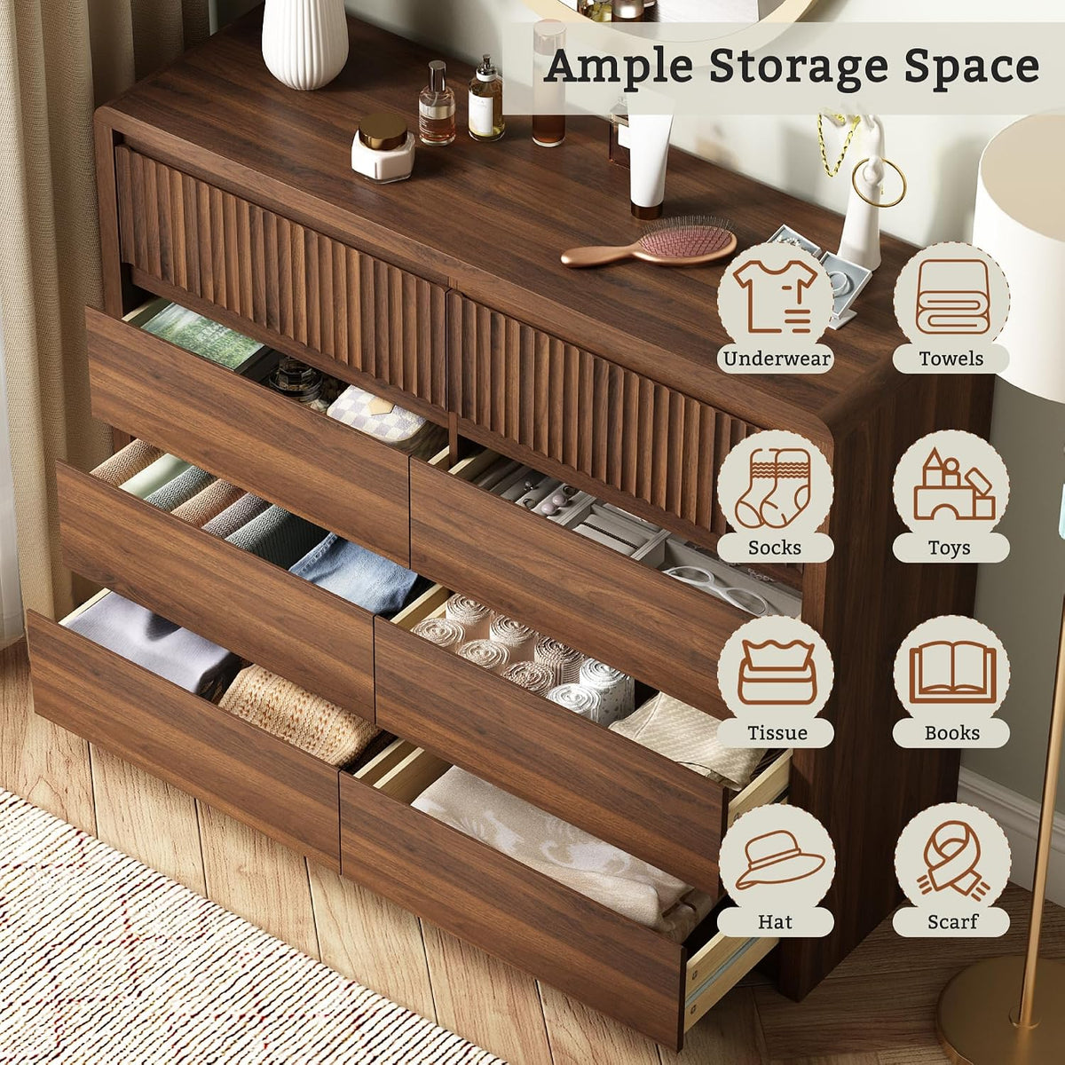 LYNSOM Walnut Fluted 8 Drawer Dresser, 50" Wide Wooden Chest of Drawers for Bedroom, Curved Profile Design, Mid Century Modern Dresser Storage Organizer Closet for Living Room, Hallway, Entryway