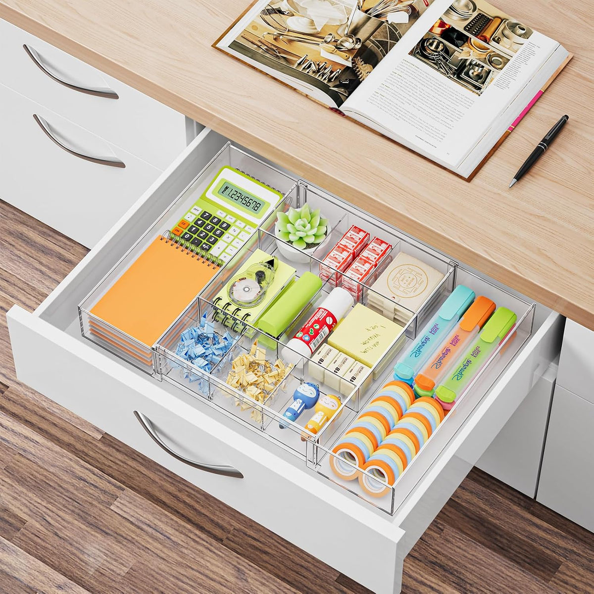 Marbrasse Expandable Desk Drawer Organizer, Clear Plastic Drawer Organizer Tray with 10 Adjustable Compartments, Desk Organizers and Accessories, 5 Drawer Dividers for Office Supplies (Clear-2P)