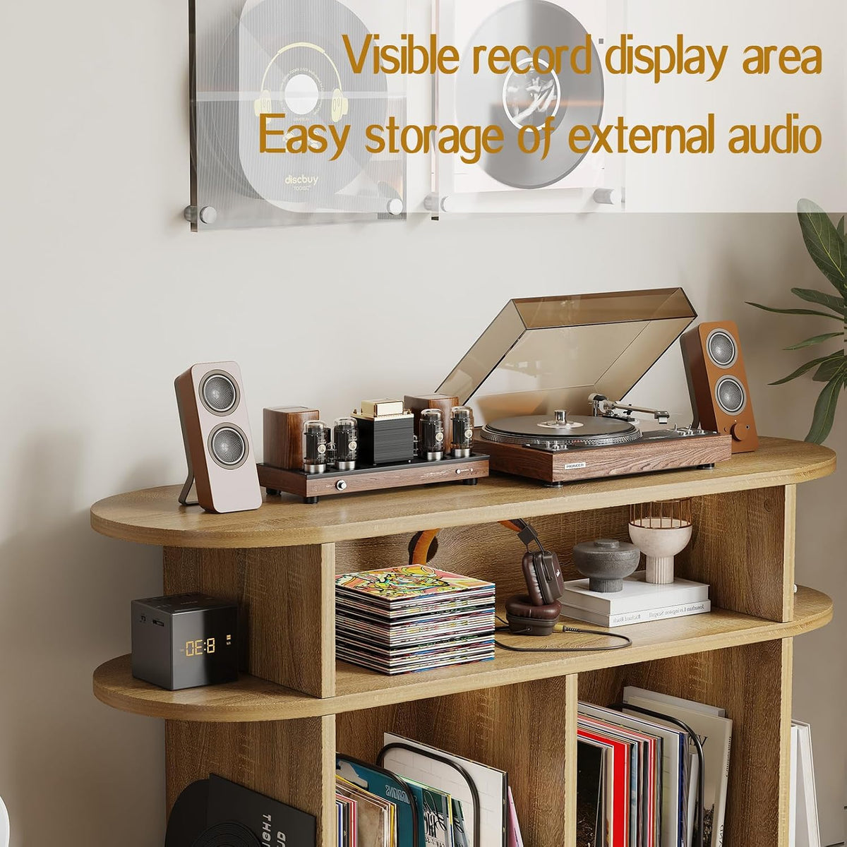 LIVEHOM Large Round Record Player Stand, Wood Record Storage Cabinet, Vinyl Record Holder with Display Area, Mid Century Modern Turntable for Living Room, Bedroom (Nature)