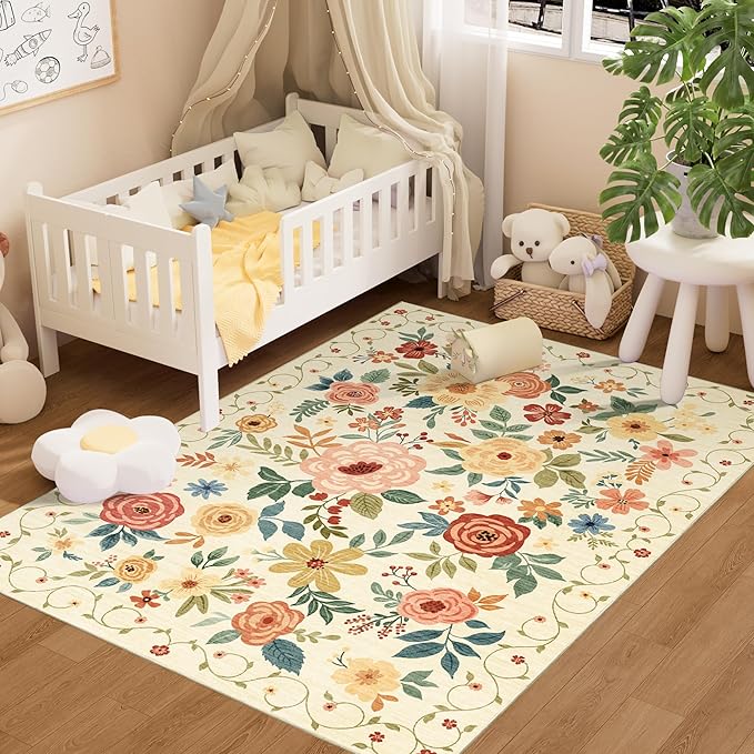 DUKINO 4x6 Area Rug, Lightweight Non Slip Washable Floral Rug, Indoor Low Pile