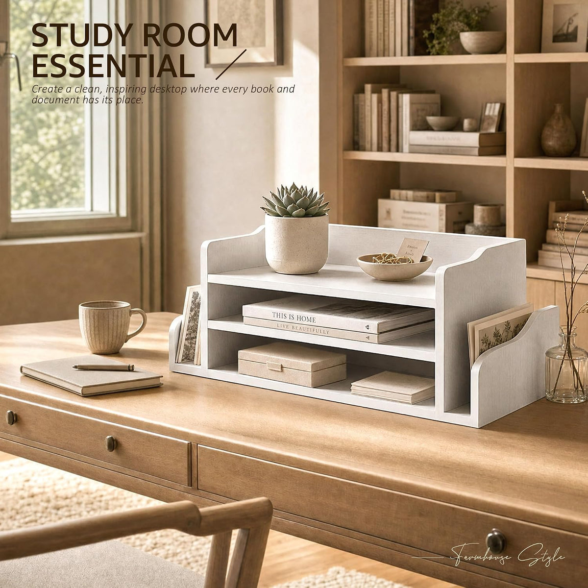 Wood Desk Organizer: File Organizer with 3-Tier Shelf for Office Desk,White