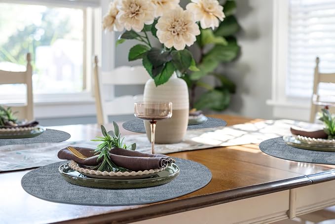 Round Faux Leather Placemat and Coaster 8 Packs, Washable Heat Resistant Dining