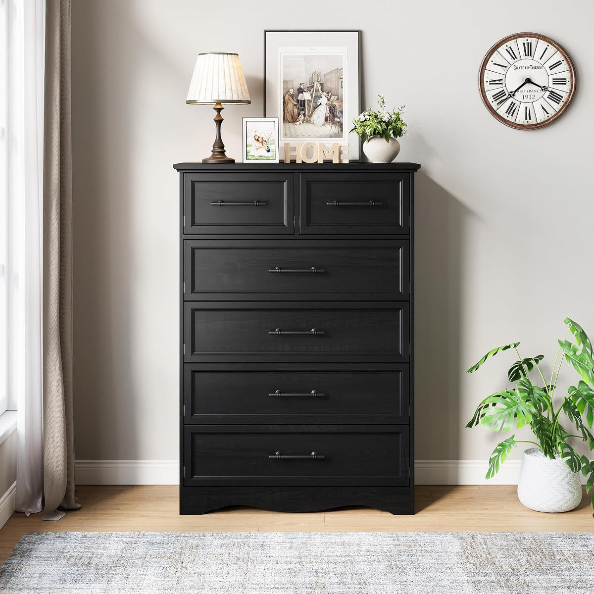 YANSNWO Black 6 Drawer Dresser for Bedroom, 44" Tall Chest of Drawers
