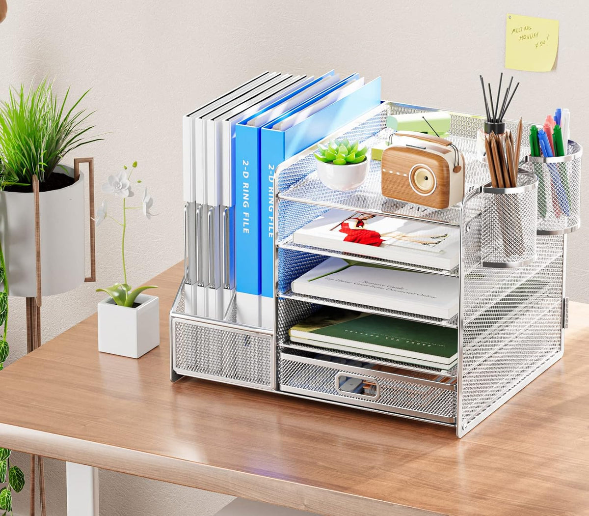 Marbrasse Desk Organizer with File Holder, 5-Tier Paper Letter Tray Organizer with Drawer and 2 Pen Holder, Mesh Desktop Organizer and Storage with Magazine Holder for Office Supplies (Silver)