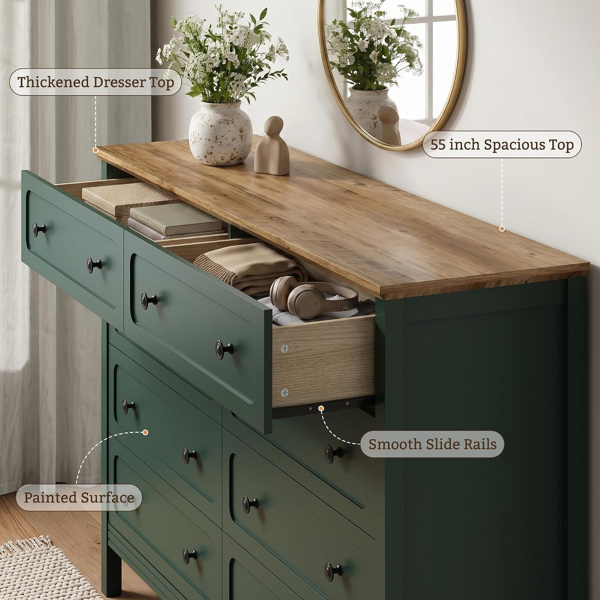 Tradare Green Dresser for Bedroom, 8 Drawer Dresser with Metal Handles, 55" Wide Modern Dressers & Chest of Drawers for Living Room, Hallway, Entryway