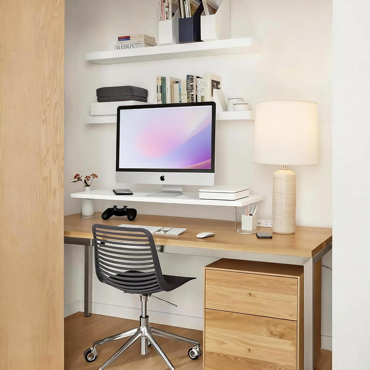 Wood Monitor Stand Riser with Acrylic Legs, Computer Screen Stand Desk Organizer, 31.5 x 7.9 x 3.1 inch, Hold up to 66 lbs (White, 31.5"×7.9"×3.1")