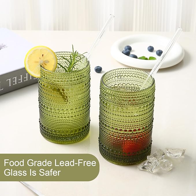 ZMOWIPDL Drinking Glasses Set of 6, 15 oz Green Hobnail Glass Cups | Vintage