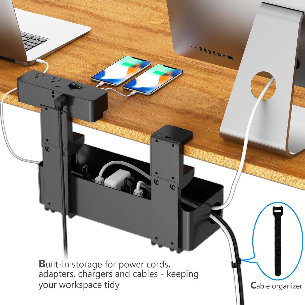 Hiree Under Desk Cable Management Tray with Power Strip, 8 AC Outlets, 2 USB Ports & 1 USB-C Port, Clamp Mount Desk Cable Organizer, No Drill Cord Management Tray for Standing Desk, Home Office（Black）