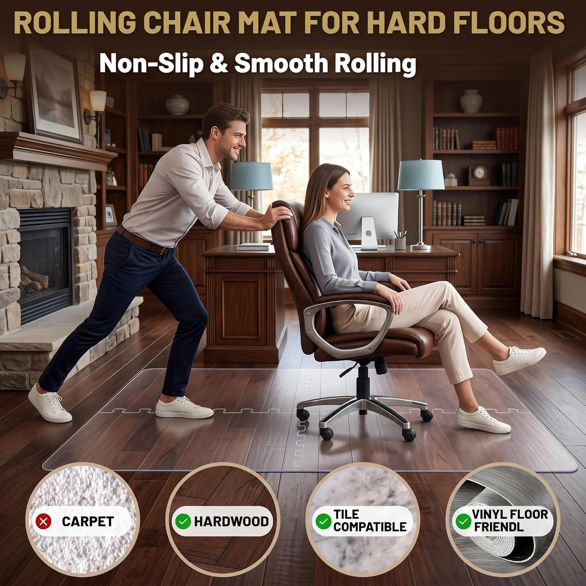BesWin Office Chair Mat for Hardwood Floor, PET Desk Chair Mat, 48" x 32"