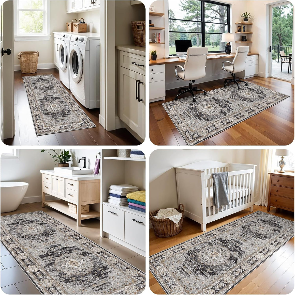 3x8 Washable Hallway Runner Rug - Non-Slip Vintage Kitchen Rugs Black Gray