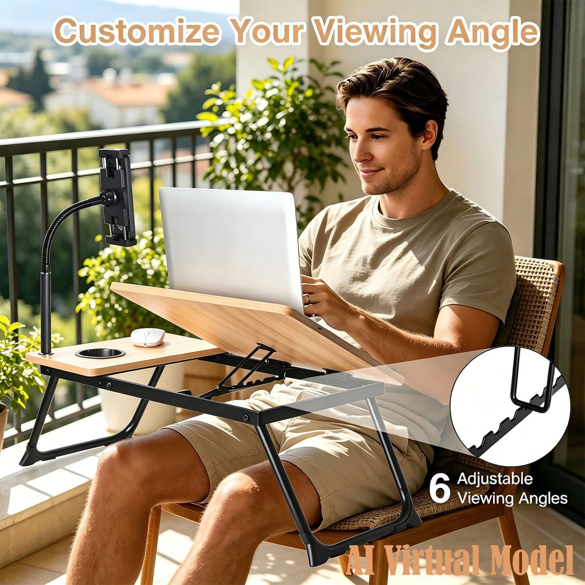 Foldable Lap Desk for Bed and Sofa, Portable Laptop Desk with Gooseneck Phone Stand, Cup Holder & Mouse Pad Extension, Extra Large Bed Desk Tray fits up to 17" Laptops (Natural)