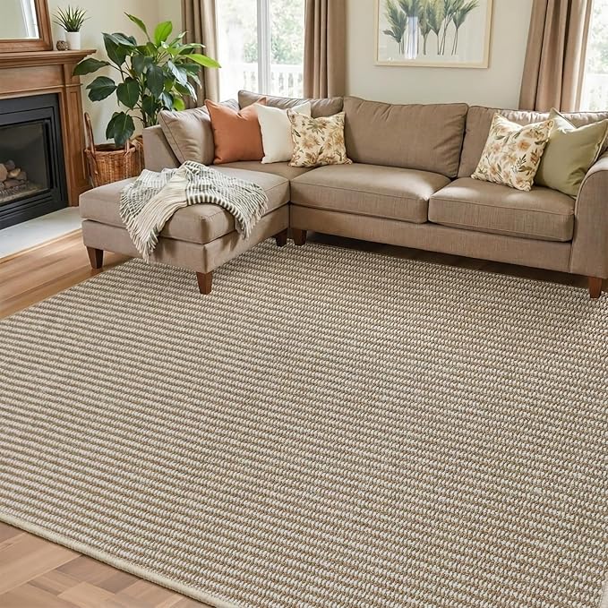 Faux Jute Area Rug 4'x6', Washable & Non-Slip, Taupe & White | 0.27" Low Pile
