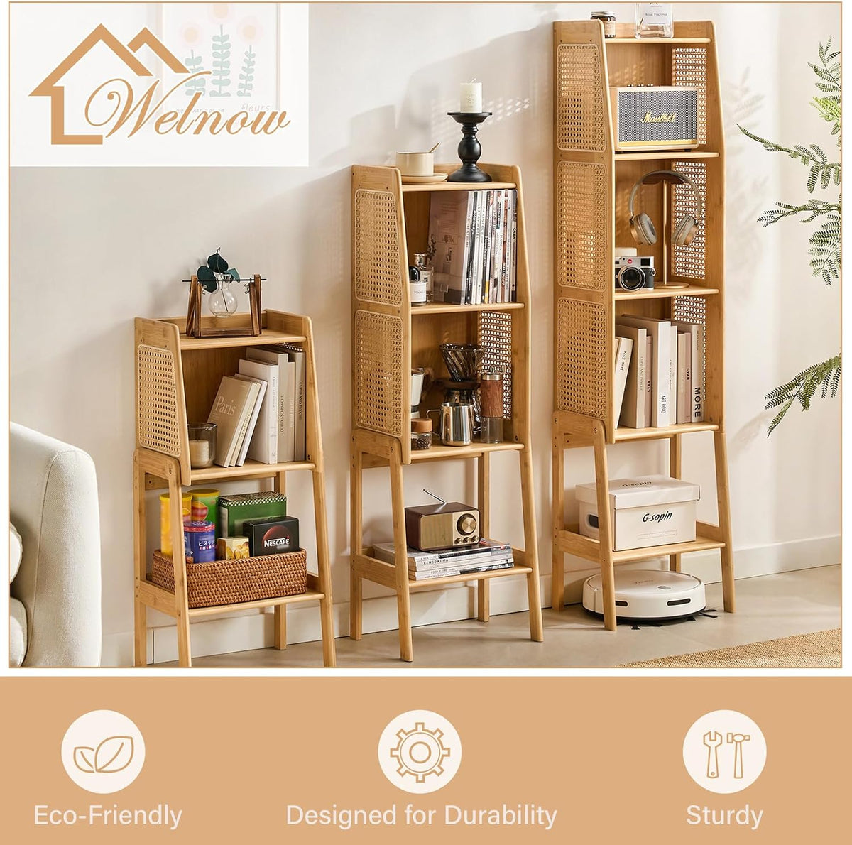Welnow Bamboo Rattan Bookcase with Cabinet，4-Tier Wicker Bookshelf,Natural