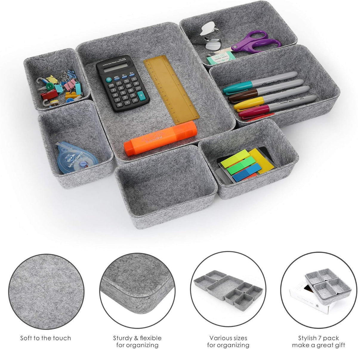 Welaxy 7pc Felt Desk Drawer Organizers Trays Gray Office Home Storage Bins