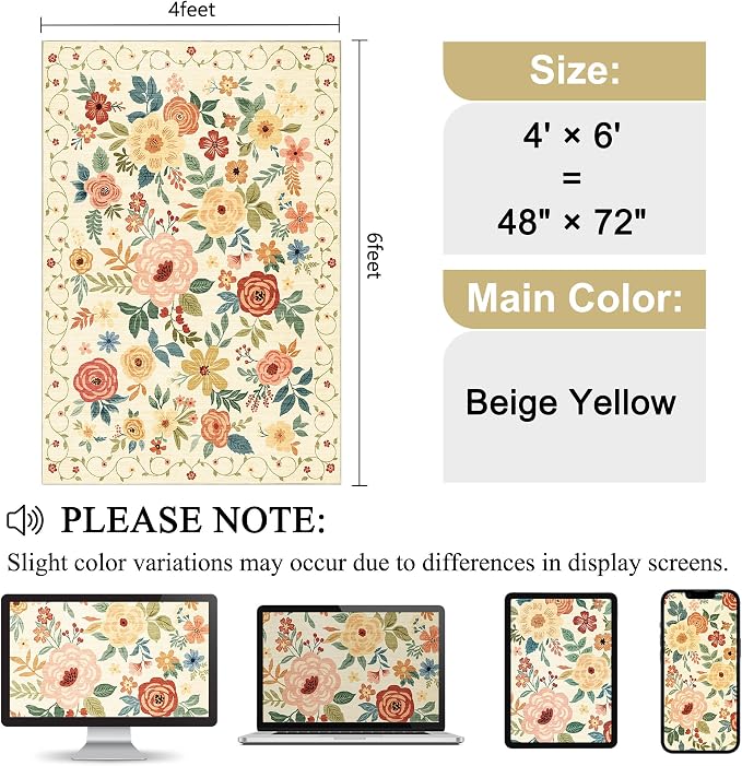 DUKINO 4x6 Area Rug, Lightweight Non Slip Washable Floral Rug, Indoor Low Pile