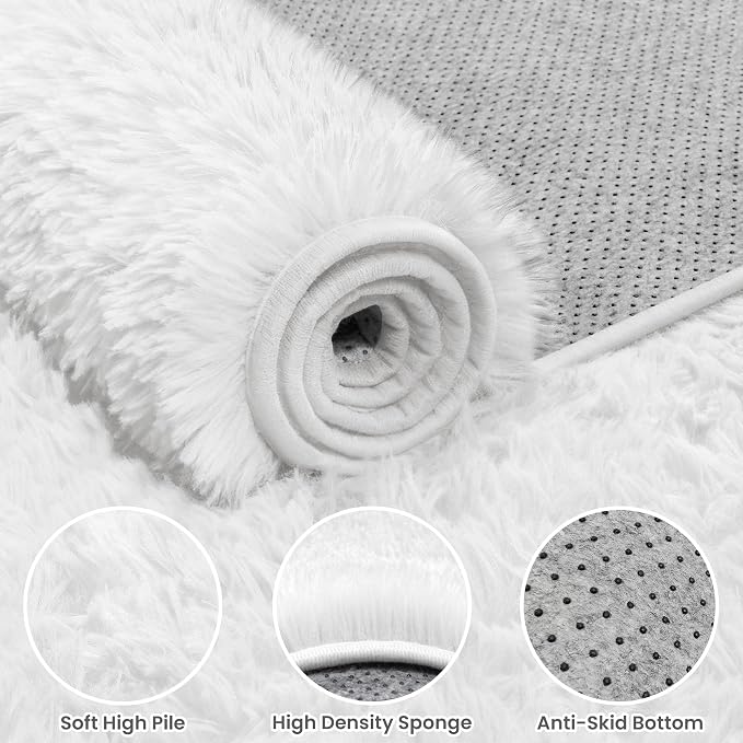 5x8 Area Rugs for Living Room: Soft Fluffy Shag White Rugs for Bedroom