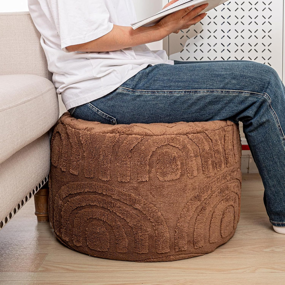 Asuprui Round Ottoman Pouf Foot Stool, Coffee 20x14 in,Sofa Couch Foot Rest