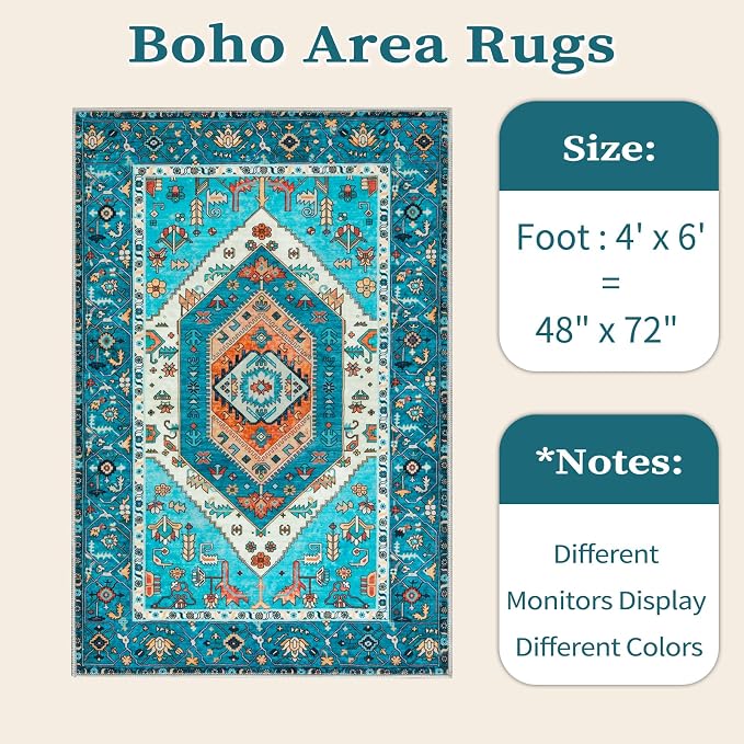 SERISSA 4x6 Boho Bedroom Rug, Washable Non Slip Vintage Blue Area Rugs