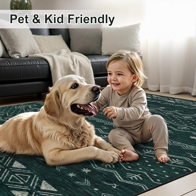 SERISSA 2x5 Kitchen Runner Rug, Washable Non-Slip Dark Green Boho Rug, Soft