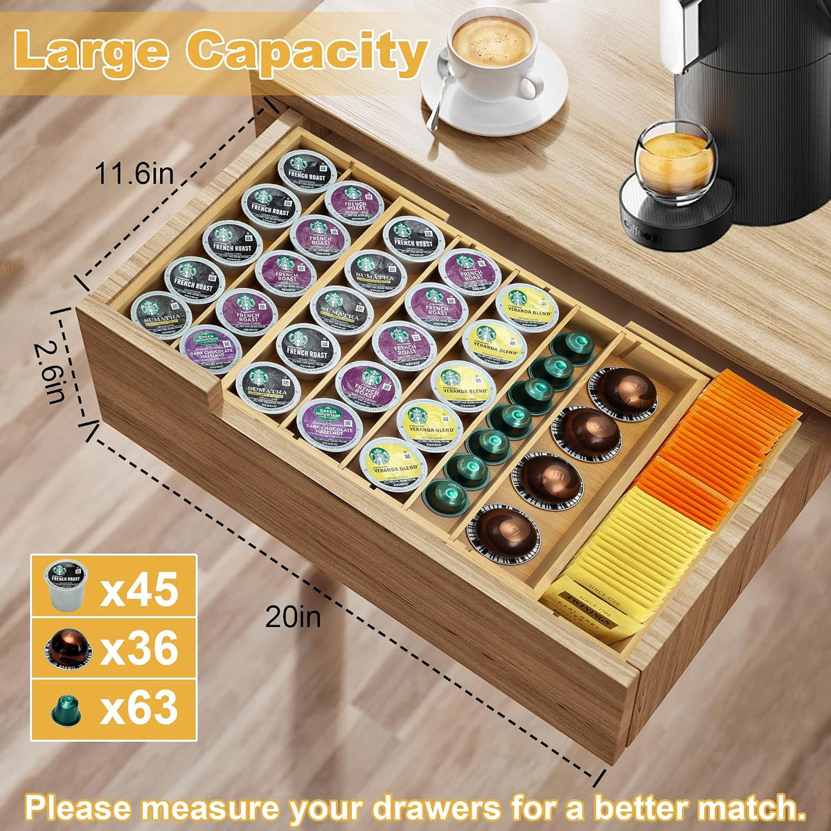 MinBoo Bamboo K Cup Holder for Drawer or Countertop Coffee Pod Holder Expandable K Cup Pod Storage Tea bag organizer K Cup Storage for Coffee Station Home Office and Kitchen, Natural