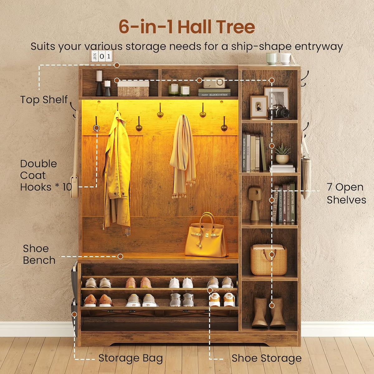 Itaar Hall Tree with Bench and Shoe Storage, Farmhouse Entryway Bench with Coat Rack, Shoe Cabinet with Flip Drawers, 7 Shelves, 10 Coat Hooks, Storage Bag, Led Lights, Rustic Brown