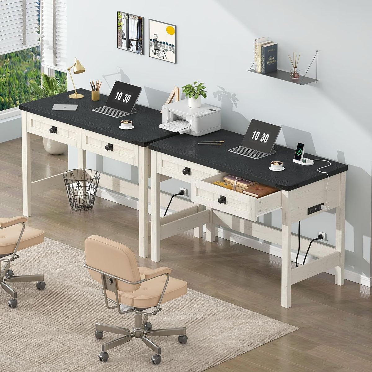 39 Inch Farmhouse Small Computer Desk with Drawers for Bedroom, Home Office