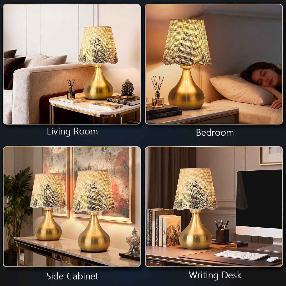 Ziqqeelam Gold Small Bedside Cute Table Lamp for Bedroom, Table Lamps for Nightstand, Scalloped Rattan Shade Table Lamps for Small Spaces for Bedroom, Home Office, Living Room