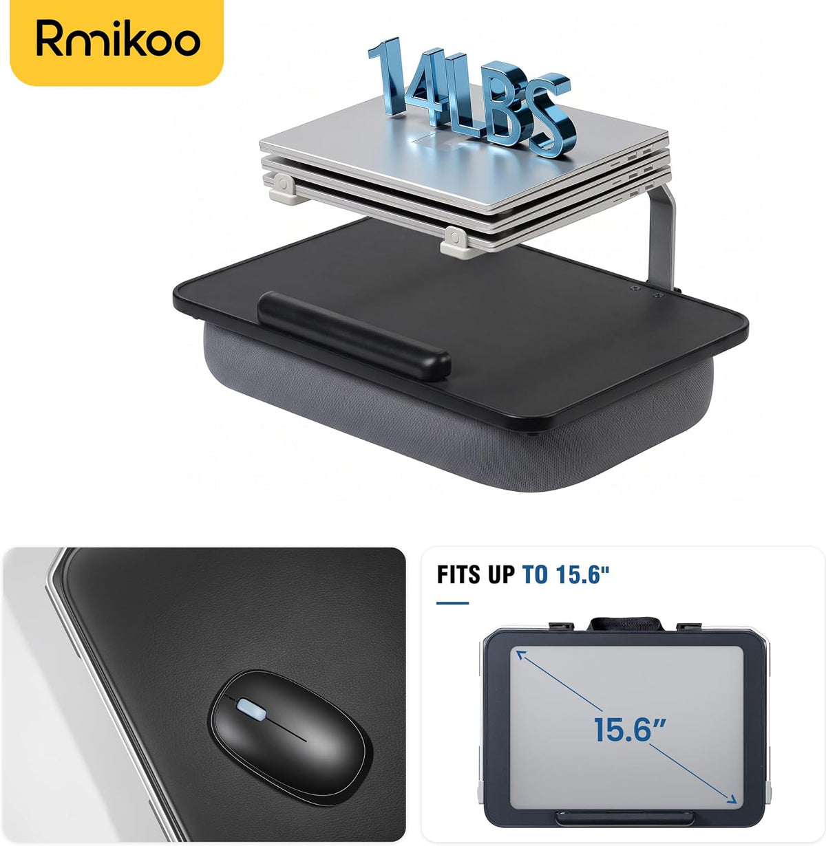Rimkoo Elevated Lap Desk for 15.6" Laptop, 2-in-1 Dual Laptop Stand with Pillow Cushion, Lightweight Lap Tray for Couch & Bed, Ergonomic Design for Stable Typing & Relaxed Posture, Black