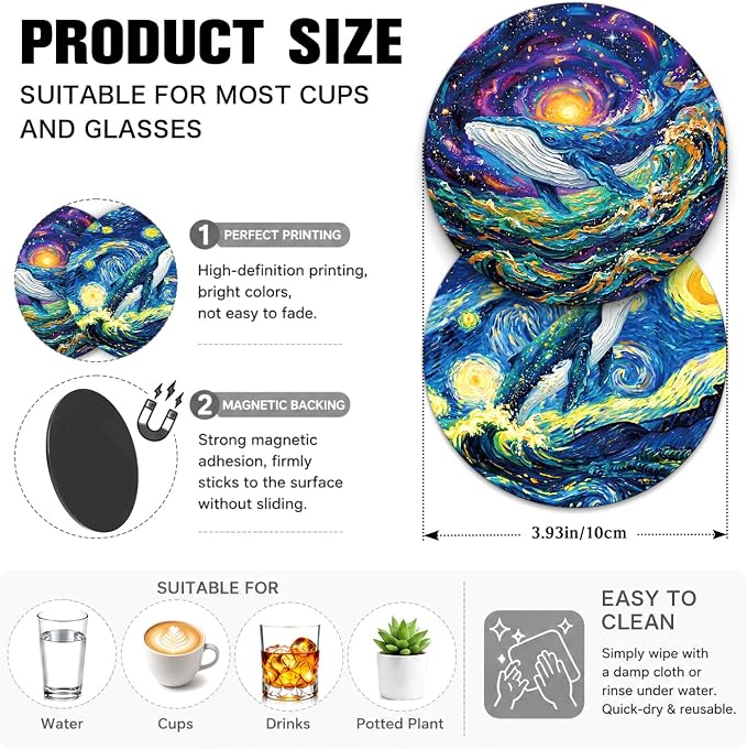 Starry Night Style Whale Funny Round Magnetic Coaster Set of 2 Doubles as