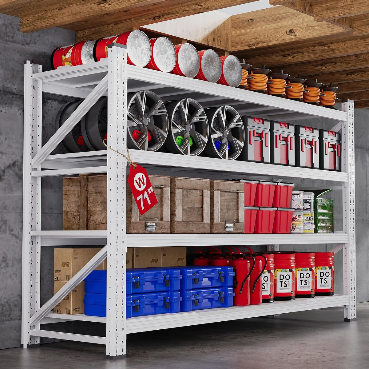 71.3” Wide Heavy Duty Metal Garage Shelving, White Storage Shelf