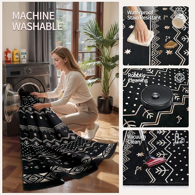 SERISSA 2x6 Kitchen Runner Rug, Washable Non-Slip Black Gold Grad Boho Rug