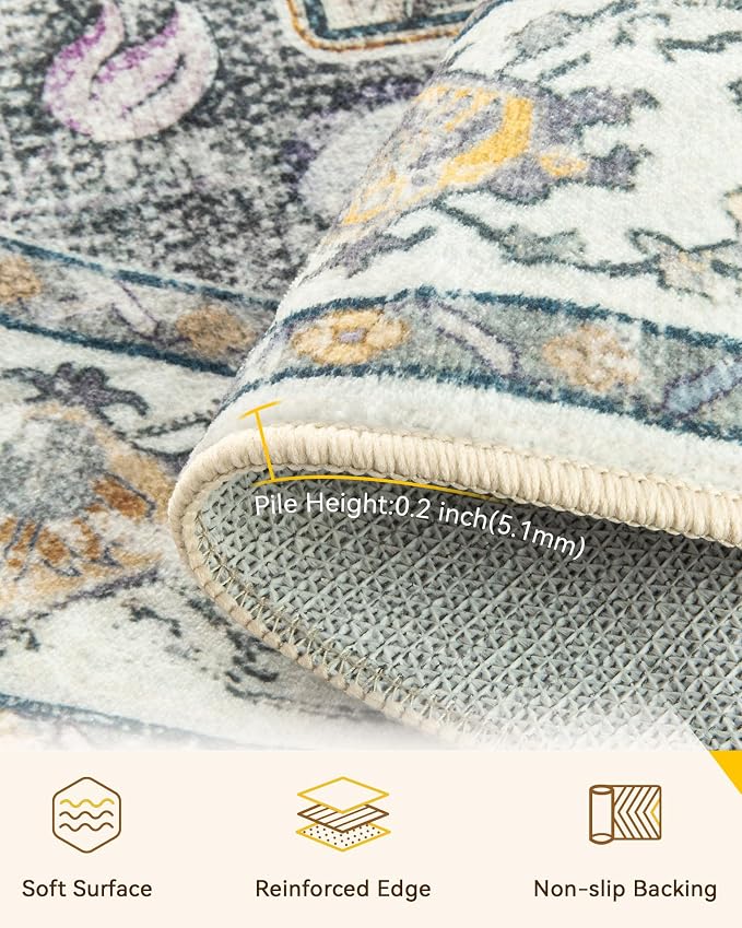 RELEANY Area Rugs Round 5ft Washable Non-Slip, Floral Vintage Distress