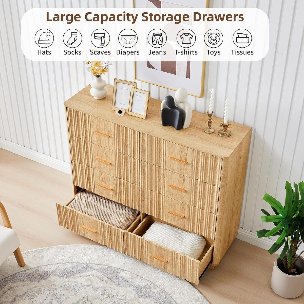 Fluted Dresser for Bedroom with 8 Drawers, 47" Wide Mid Century Modern Chest of Drawers, Wooden Dresser TV Stand, Wood Closet Clothes Storage Organizer for Living Room Hallway, Natural