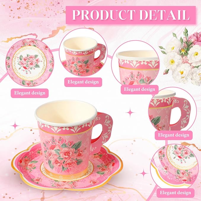 Nuogo 300 Pcs Floral Paper Tea Cups and Saucers 7 OZ Disposable Cups
