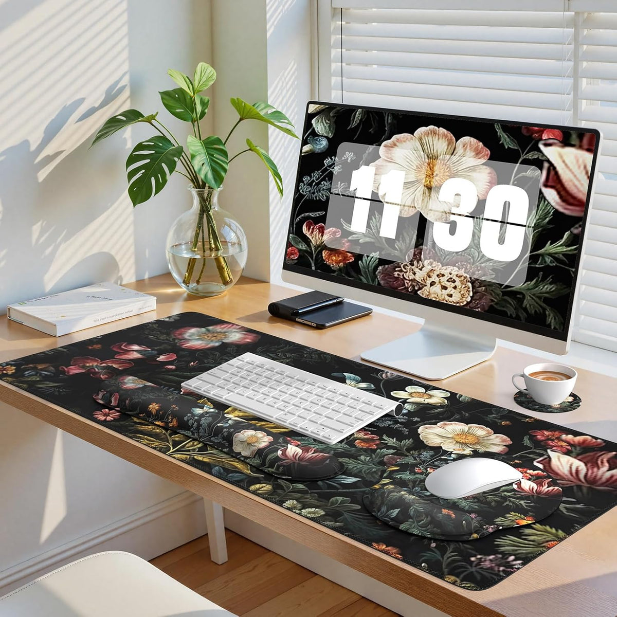 iCasso Desk Cover Mat, 4in1 Floral Large Mouse Pad with Wrist Rest