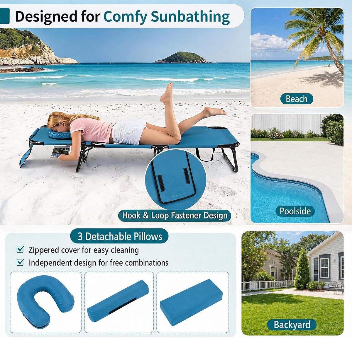 GYMAX Tanning Chair, Folding Lounge Chairs with Face Hole & Cover, Removable Pillow Carry Handle, Portable Compact Outdoor Layout Recliner for Beach, Poolside, Lawn, Patio, Camping (Blue,2)