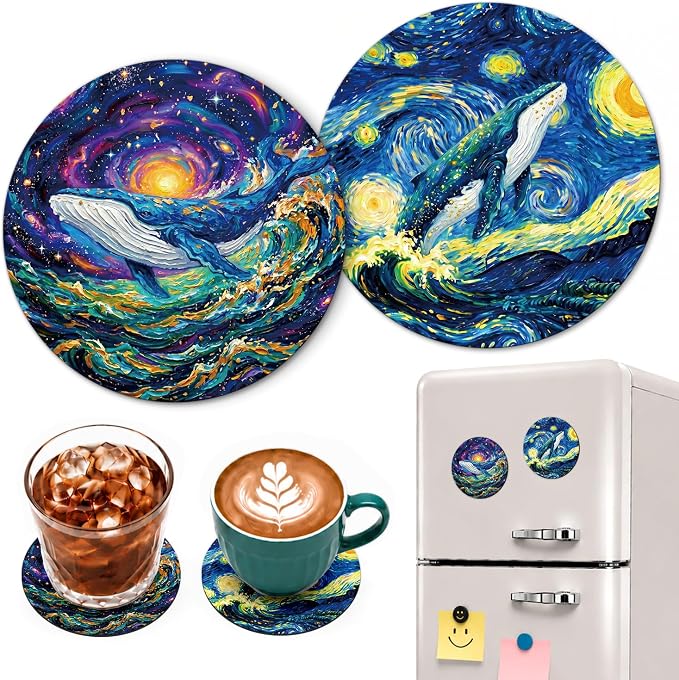 Starry Night Style Whale Funny Round Magnetic Coaster Set of 2 Doubles as