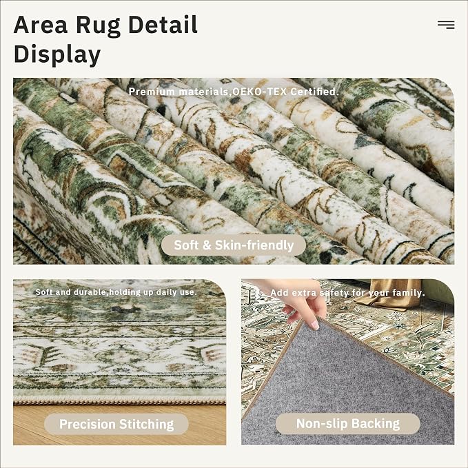 Soalmost 9x12 Area Rugs for Living Room, Non Slip Machine Washable Vintage Rugs