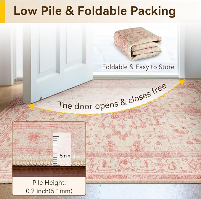 RELEANY Area Rugs Round 4ft Washable Non-Slip, Floral Vintage Distress