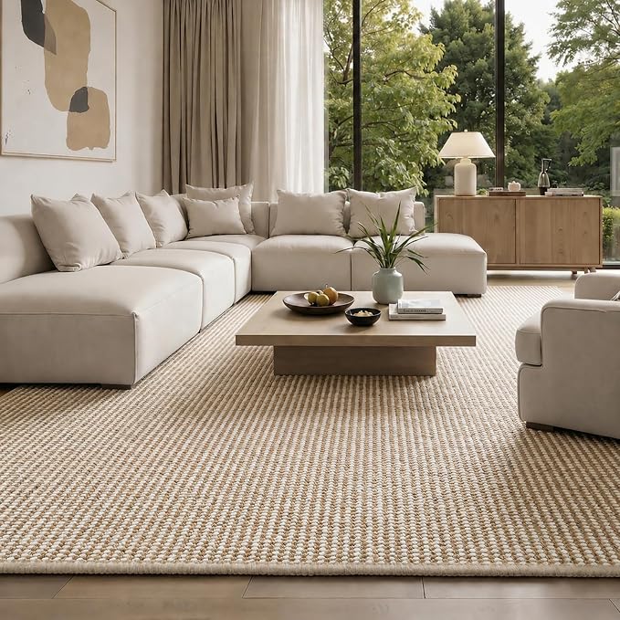 Faux Jute Area Rug 4'x6', Washable & Non-Slip, Taupe & White | 0.27" Low Pile