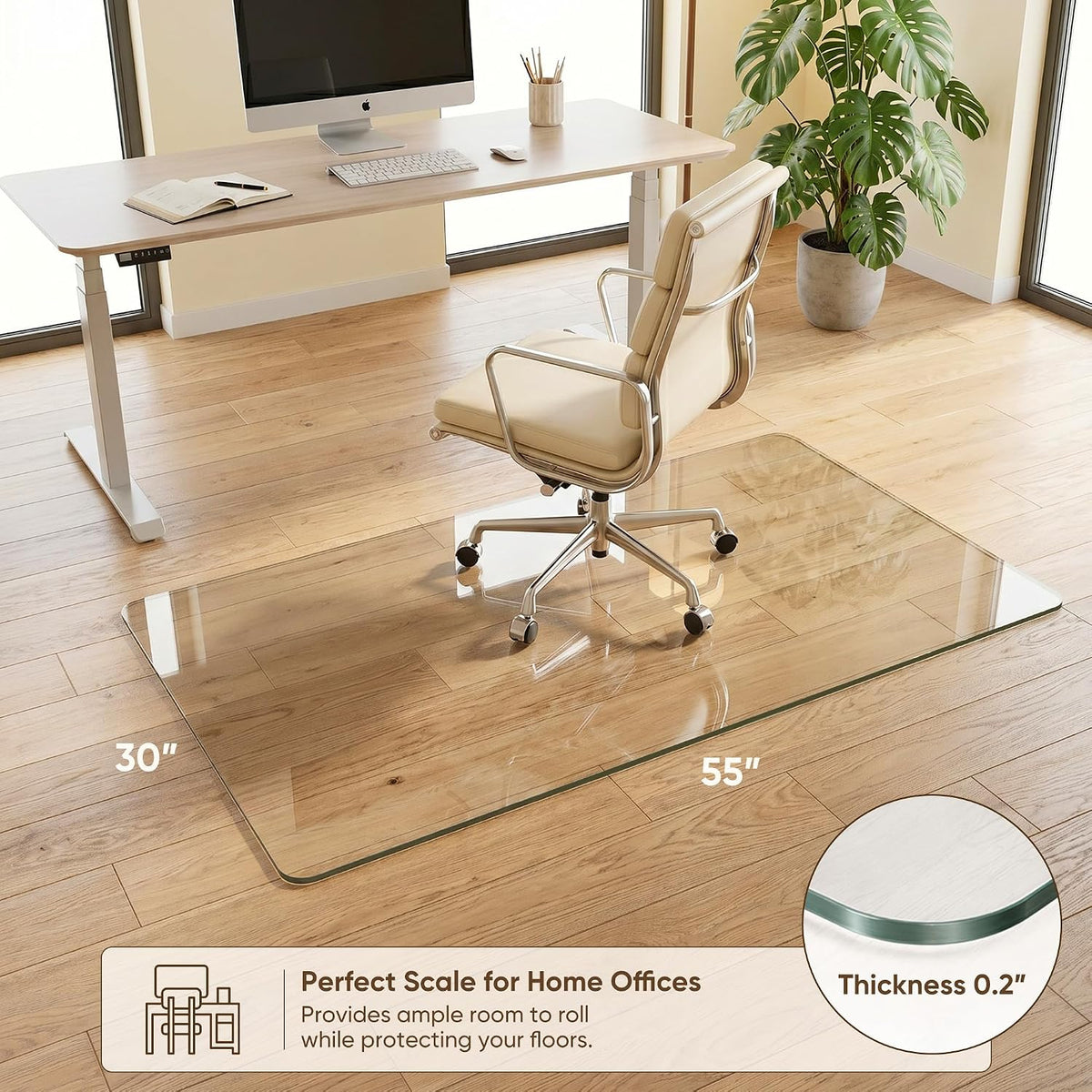 Antok Tempered Glass Chair Mat, 30"x55" Office Chair Mat for Carpet & Hardwood Floor, 0.2" Heavy Duty & Scratch Resistant Desk Chair Mat, Rounded Corners & Polished Edges for Home, Office
