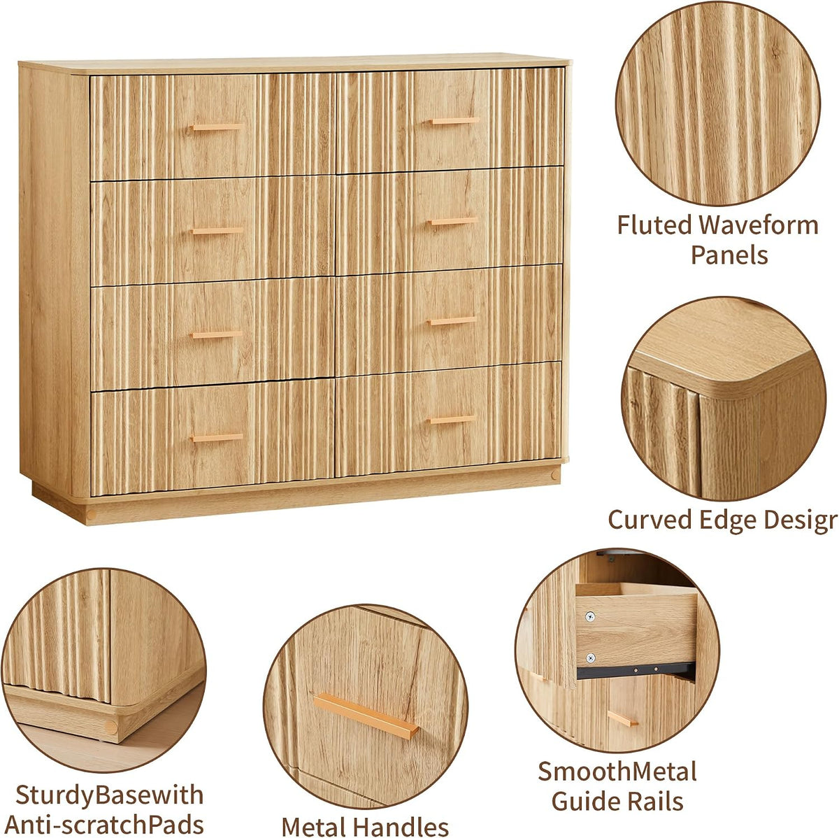 Fluted Dresser for Bedroom with 8 Drawers, 47" Wide Mid Century Modern Chest of Drawers, Wooden Dresser TV Stand, Wood Closet Clothes Storage Organizer for Living Room Hallway, Natural