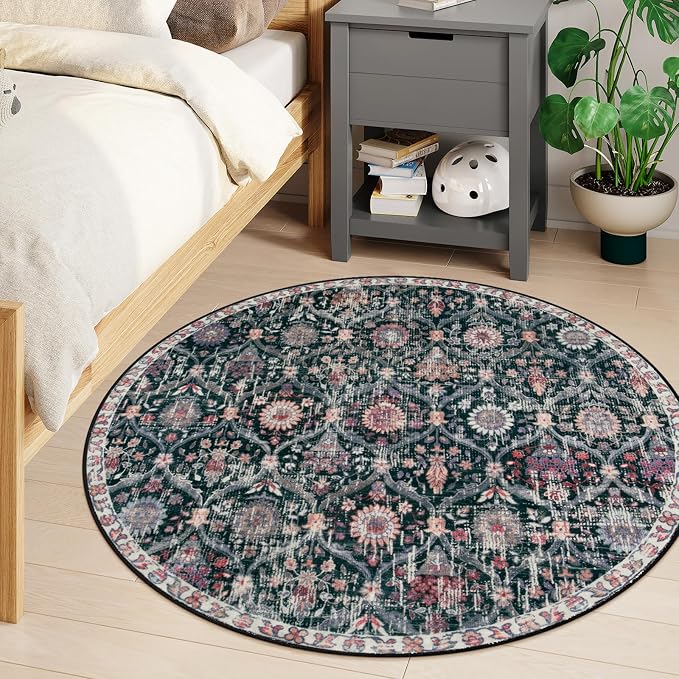 Lahome Moroccan Trellis Washable Round Rugs, Non-Slip Soft Round Rug 4ft