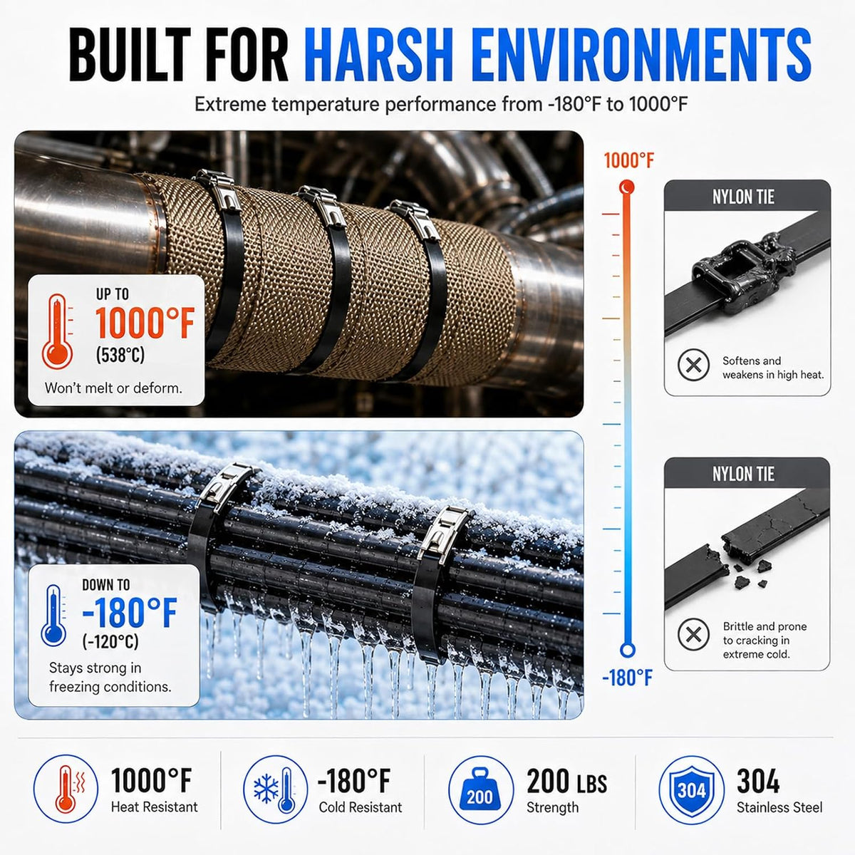 100PCS 12" Stainless Steel Cable Tie Gun Kit, Black Metal Zip Ties
