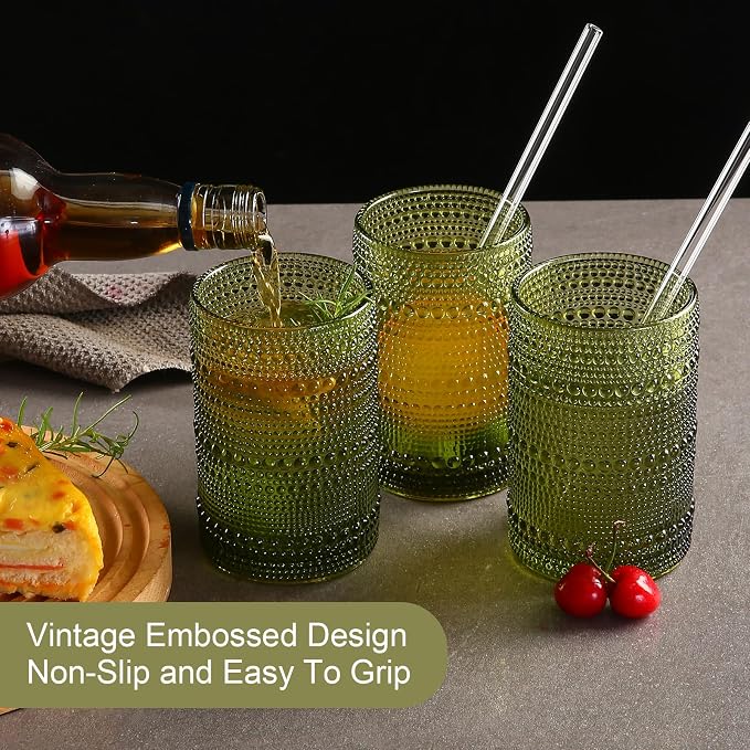 ZMOWIPDL Drinking Glasses Set of 6, 15 oz Green Hobnail Glass Cups | Vintage